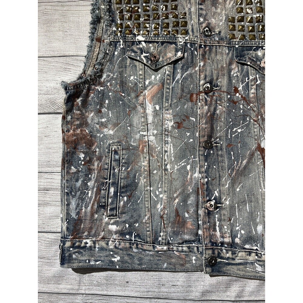 Y2k Ecko Unlimited Trucker Denim Vest Moto 90s Paint Splatter Grunge - Picture 4 of 11